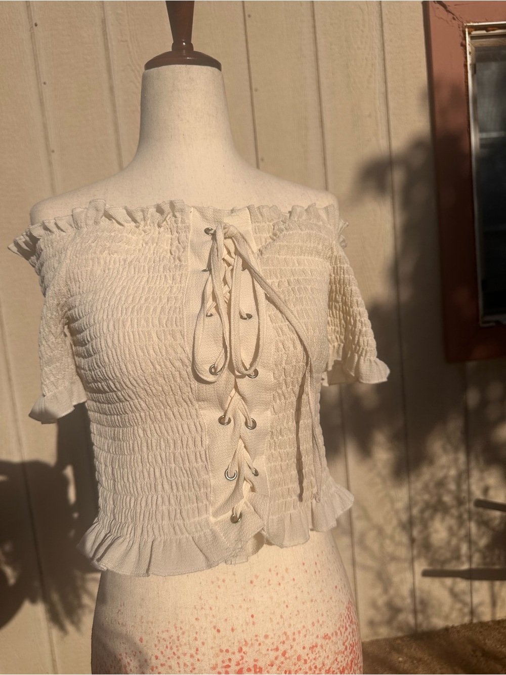 Cream Off-Shoulder Lace-Up Smocked Top